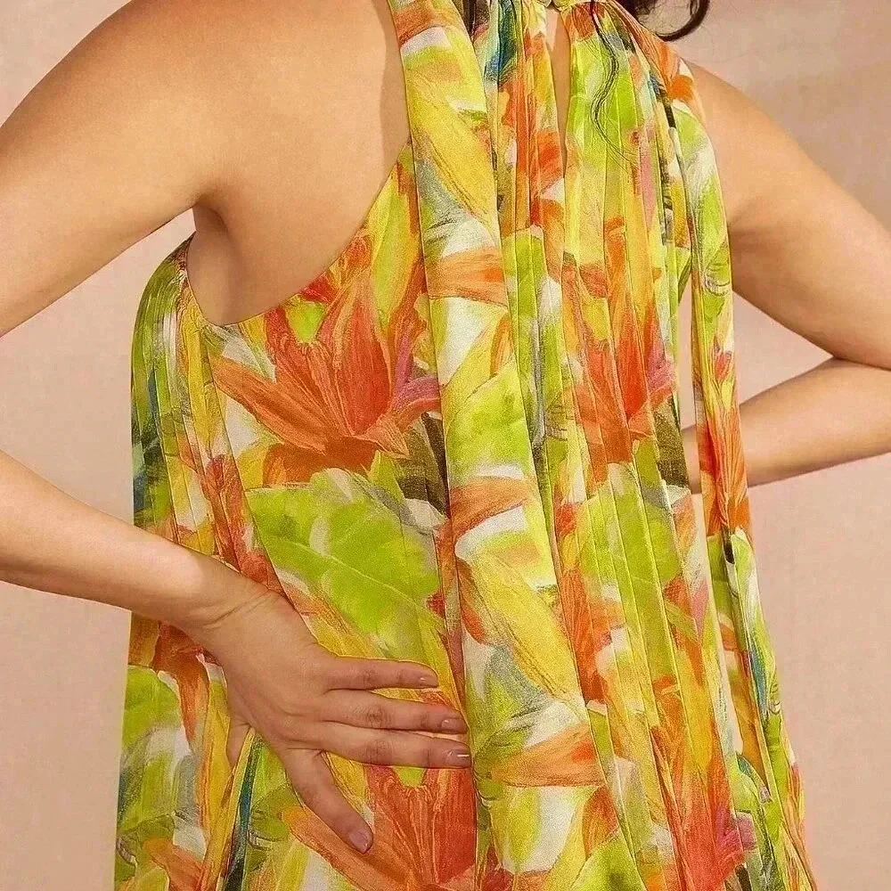 Multicolor Boho Women's Tropical Pleated Neck Detail Dress - Picture 6 of 6